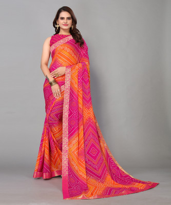 YASHIKA Printed Bandhani Georgette, Lace Saree(Pink)