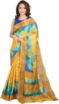 Rashmiwala Floral Print Daily Wear Tussar Silk Saree(Blue, Yellow, Light Blue, Green)