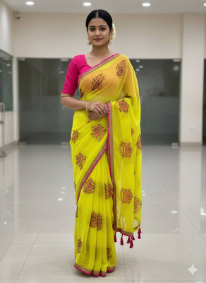 KOMAL NX Printed Bollywood Georgette Saree(Yellow)