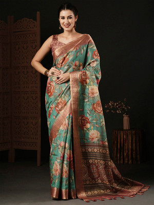 ANOUK Floral Print Chinnalapattu Silk Blend Saree(Dark Blue)