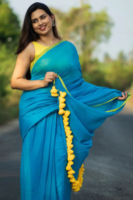 AGAMONI Solid/Plain Handloom Cotton Blend Saree(Light Blue)
