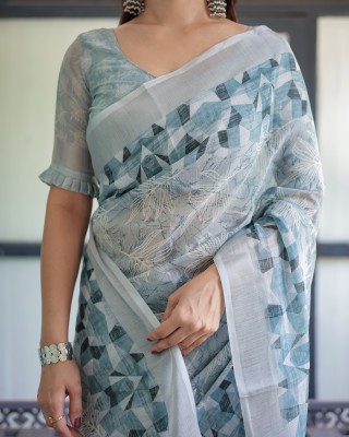 maharani couture Digital Print Handloom Cotton Linen Saree(Grey)