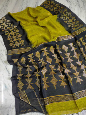 S.K. HOUSE Self Design Handloom Linen Saree(Multicolor)
