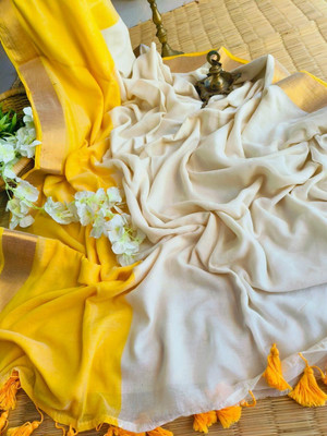 Trishul Solid/Plain, Woven Handloom Handloom Mulmul, Pure Cotton Saree(Yellow, White)