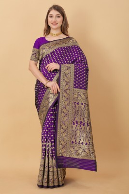 VIRDHI TEXTILE Printed, Self Design, Embellished, Woven, Animal Print, Blocked Printed Kanjivaram Jacquard, Silk Blend Saree(Purple)