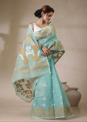 Mondal Saree Centre Printed Jamdani Cotton Silk Saree(Blue)