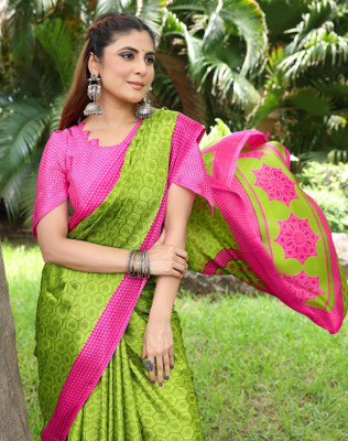 YASHIKA Self Design, Printed Bollywood Tussar Silk Saree(Light Green, Pink)