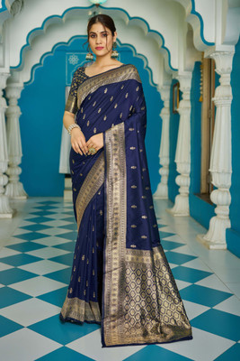 all about you Woven Bollywood Cotton Silk Saree(Blue)