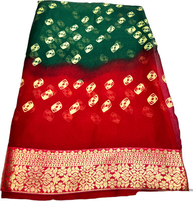 Stylish Sarees Printed Bandhani Crepe, Chiffon Saree(Green, Red)