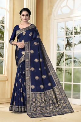Ira Impex Self Design Kanjivaram Silk Blend Saree(Dark Blue)