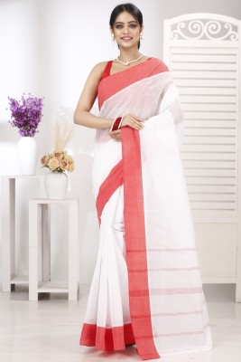 DipDiya Solid/Plain, Woven Tant Pure Cotton Saree(White, Red)