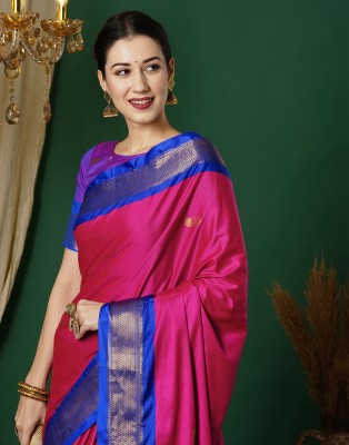 Samah Woven, Embellished, Self Design Banarasi Silk Blend, Jacquard Saree(Pink, Dark Blue)