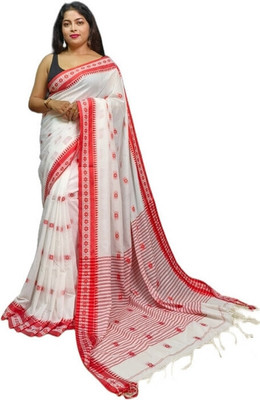 SABITA CUSTOMERY Self Design Handloom Cotton Blend Saree(White, Red)