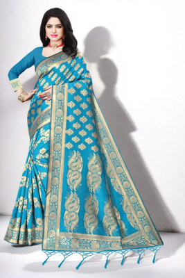 Pikham Self Design Banarasi Art Silk Saree(Light Blue)