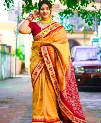 ETHNIC ODISHA HANDLOOM Temple Border Sambalpuri Art Silk Saree(Yellow)