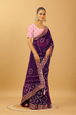 Damru trendz Digital Print Bandhani Georgette Saree(Purple)