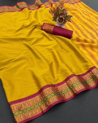 AMARQUEEN Woven, Solid/Plain, Temple Border Banarasi Silk Blend Saree(Yellow)
