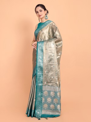 KAZIA Woven, Embellished, Floral Print, Geometric Print Banarasi Organza Saree(Light Blue)