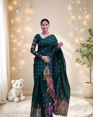 North East Looms Woven Mekhela Chador Polyester Saree(Green)