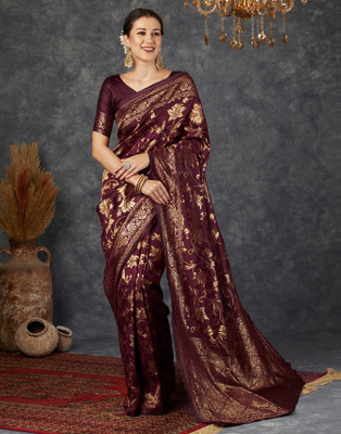Samah Woven Banarasi Silk Blend, Jacquard Saree(Maroon, Gold)