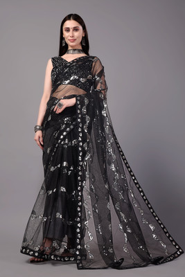 Zintargo Embroidered Bollywood Net Saree(Black)