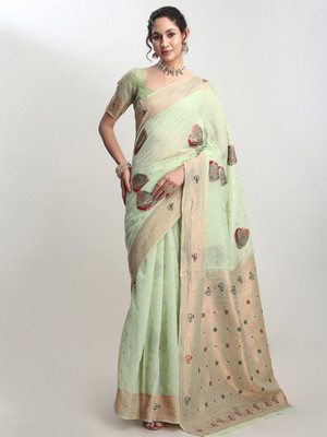 Janasya Woven Saree with Attached Blouse Linen Saree(Light Green)