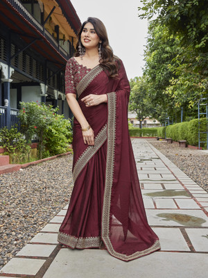 THE URBAN DIVA Solid/Plain Bollywood Silk Blend Saree(Maroon)