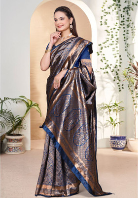preyufashion Woven Banarasi Art Silk, Jacquard Saree(Blue)