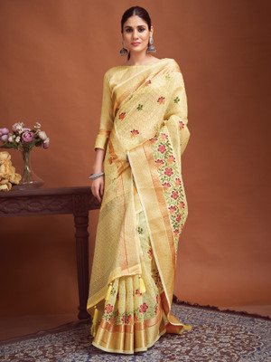 ANOUK Woven Bollywood Linen Saree(Yellow)