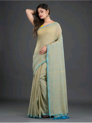 SOUMEN CREATION Solid/Plain Chanderi Handloom Cotton Blend Saree(Dark Green)