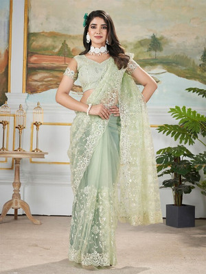 ANOUK Embroidered Daily Wear Net Saree(Green)