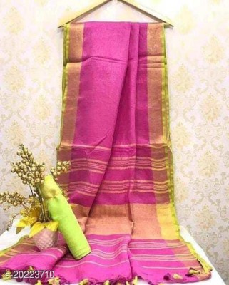 govind handloom Striped Bollywood Cotton Blend Saree(Pink)