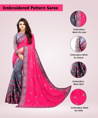 b bella creation Embroidered Bollywood Net, Art Silk Saree(Pink, Grey)