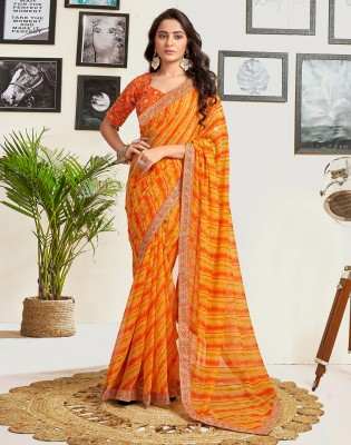 Divastri Printed, Embellished, Embroidered Leheria Georgette, Lace Saree(Orange, Yellow)