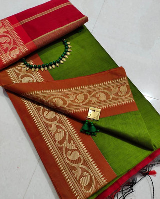 BiswasTextiles Self Design Handloom Cotton Blend Saree(Light Green)