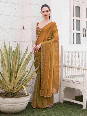 AVANSHEE Solid/Plain Bollywood Tissue, Pure Silk Saree(Gold)