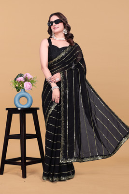 watay Embroidered Bollywood Georgette Saree(Black)