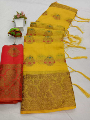 ASHTA Self Design, Solid/Plain Kanjivaram Pure Cotton, Cotton Silk Saree(Yellow)