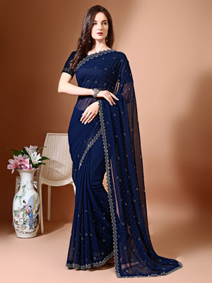 Leelavati Embellished Bollywood Chiffon Saree(Dark Blue)