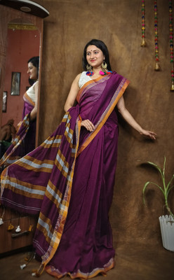 Anidipta collection Self Design Handloom Cotton Blend Saree(Purple)