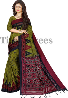 TITHISAREES Printed Sambalpuri Cotton Blend Saree(Dark Green)