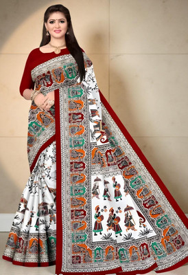 Odissi Fashion Printed Sambalpuri Cotton Blend Saree(White, Multicolor)