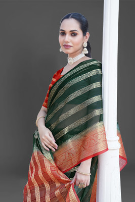 HouseOfCommon Printed Bollywood Organza Saree(Dark Green)
