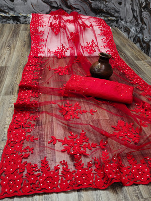 LUTAD FAB Embroidered Bollywood Net Saree(Red)