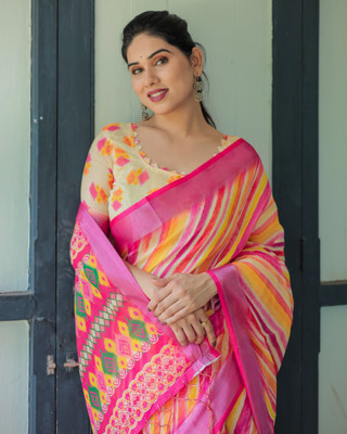 maharani couture Digital Print Leheria Cotton Linen Saree(Multicolor)