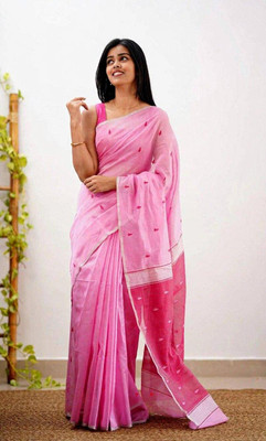 KIVERA Solid/Plain, Embroidered, Floral Print, Self Design Daily Wear Linen Saree(Pink)