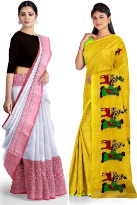 Ganesh plastic and industry Self Design Handloom Cotton Silk Saree(Pack of 2, White, Yellow)