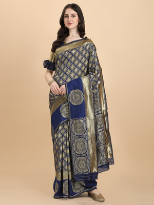 Alinea Self Design Banarasi Silk Blend Saree(Dark Blue)