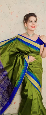 Sijileen Temple Border, Solid/Plain Sambalpuri Silk Blend Saree(Green)