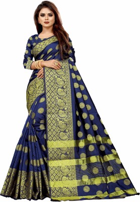 Rashiklal & Co. Self Design Kanjivaram Jacquard, Cotton Silk Saree(Dark Blue)